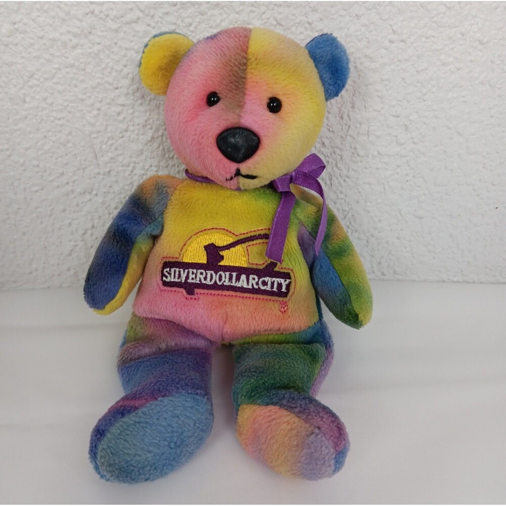 Vintage Silver Dollar City Rainbow Tie Dye Souvenir Bear Bean Filled